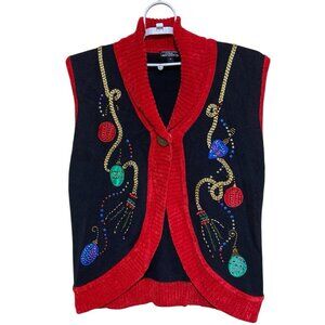 Lisa International Christmas Vest Women Size XL Ornaments Button Up